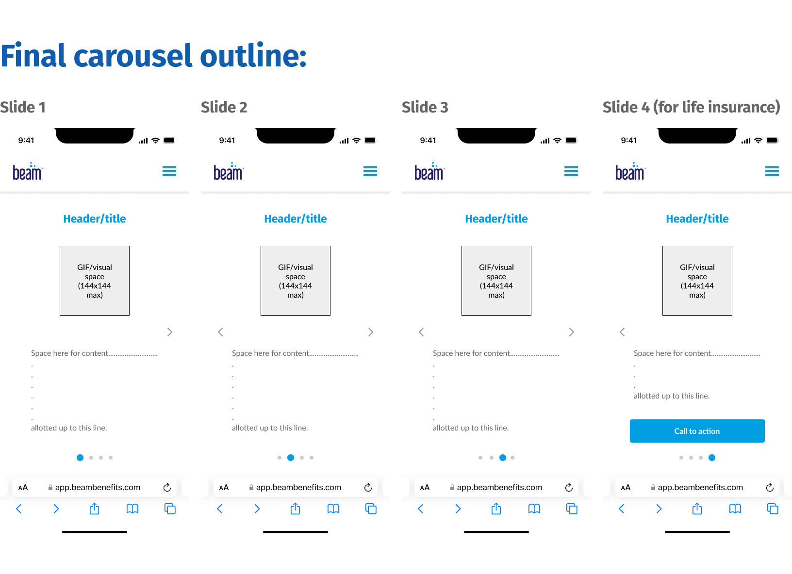 established mid-fidelity designs for 4 slides of the carousel format for our guided enrollments initiative